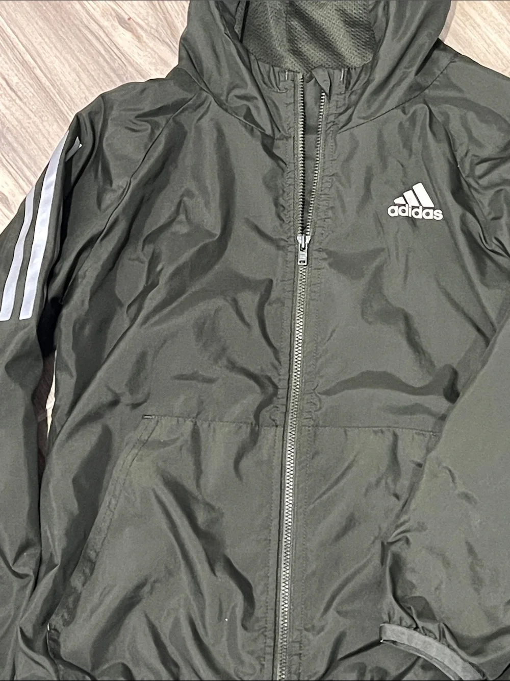 adidas Kids Army green Hooded Windbreaker with Gray Iridescent Stripe Accents